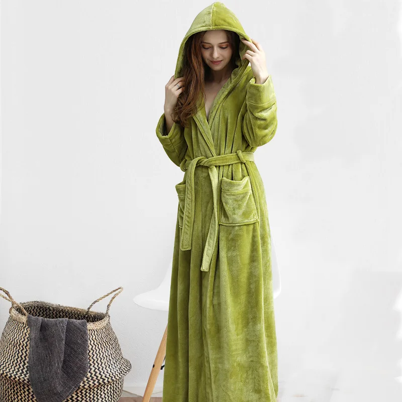 Women Winter Hooded Extra Long Thick Flannel Bath Robe Luxury Peignoir Warm Dressing Gown Men Bathrobe Bridesmaid Wedding Robes