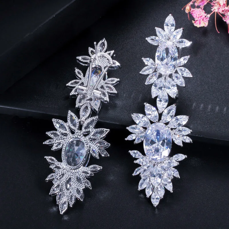 CWWZircons Luxurious Clear Cubic Zircon Stone Setting Long Wedding Drop Dangle Earrings with Marquise Shape Zirconia CZ322