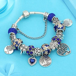 Leabyl Dropshipping Dark Blue Tree of Life DIY Charm Bracelet Silver Color Plant Heart Handmade Bead Bracelet Pulsera Hombre