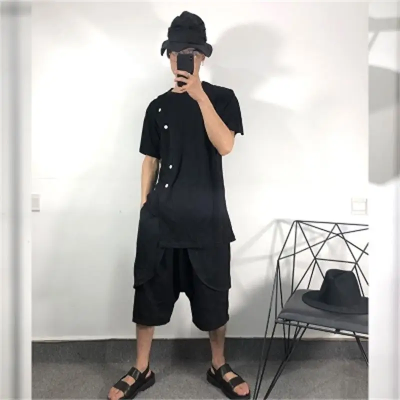 Men's Short Sleeve T-Shirt Summer New Style Personality Asymmetric Design Button Decoration Leisure Loose Large Size Half Sleeve