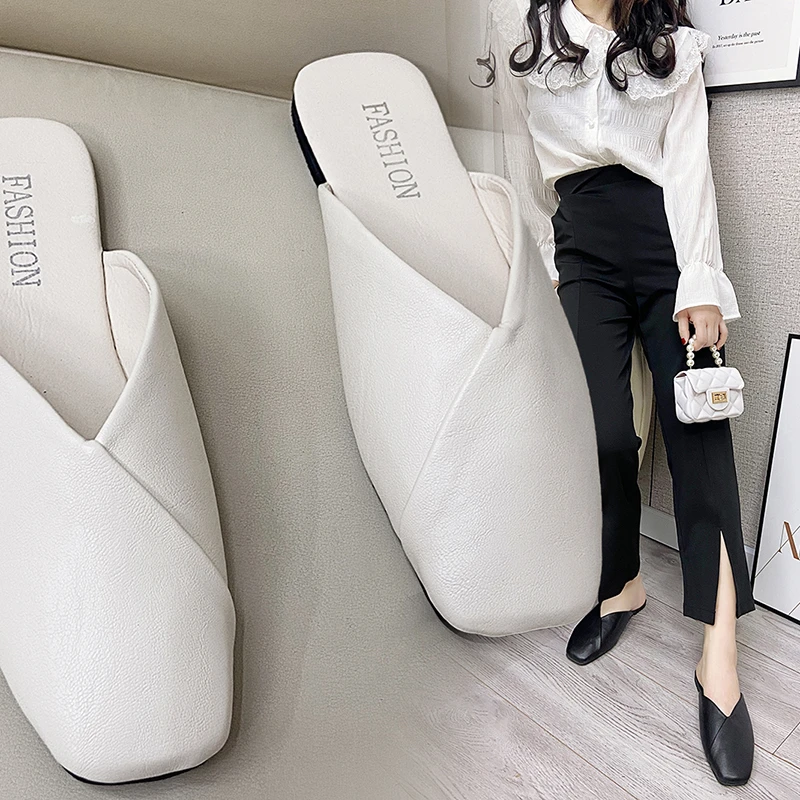 Women Mules 2022 Summer Elegant Square Closed Toe Flat Slippers Female Shoes Casual Leather Black White Slides Plus Size 35-43