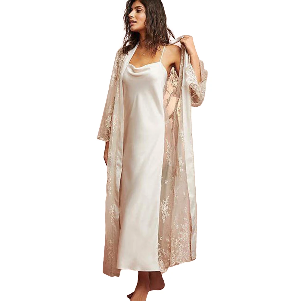 Women Ladies Sexy Night Dress Long Sleeve Two-piece Nightgown Nightdress Race Silk Sleepwear Nightwear For Bridal Boudoir Dress