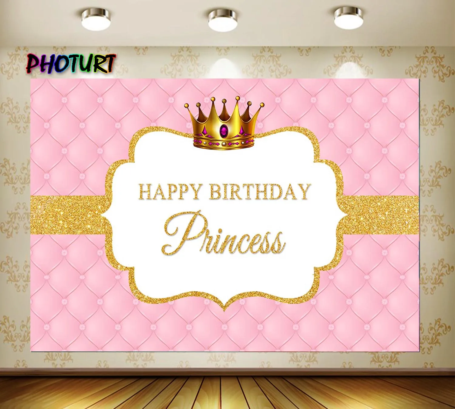 PHOTURT Royal Crown Backdrop Birthday Wedding Decorate Background Golden Pink Polyester Vinyl Photography Banner Studios Props