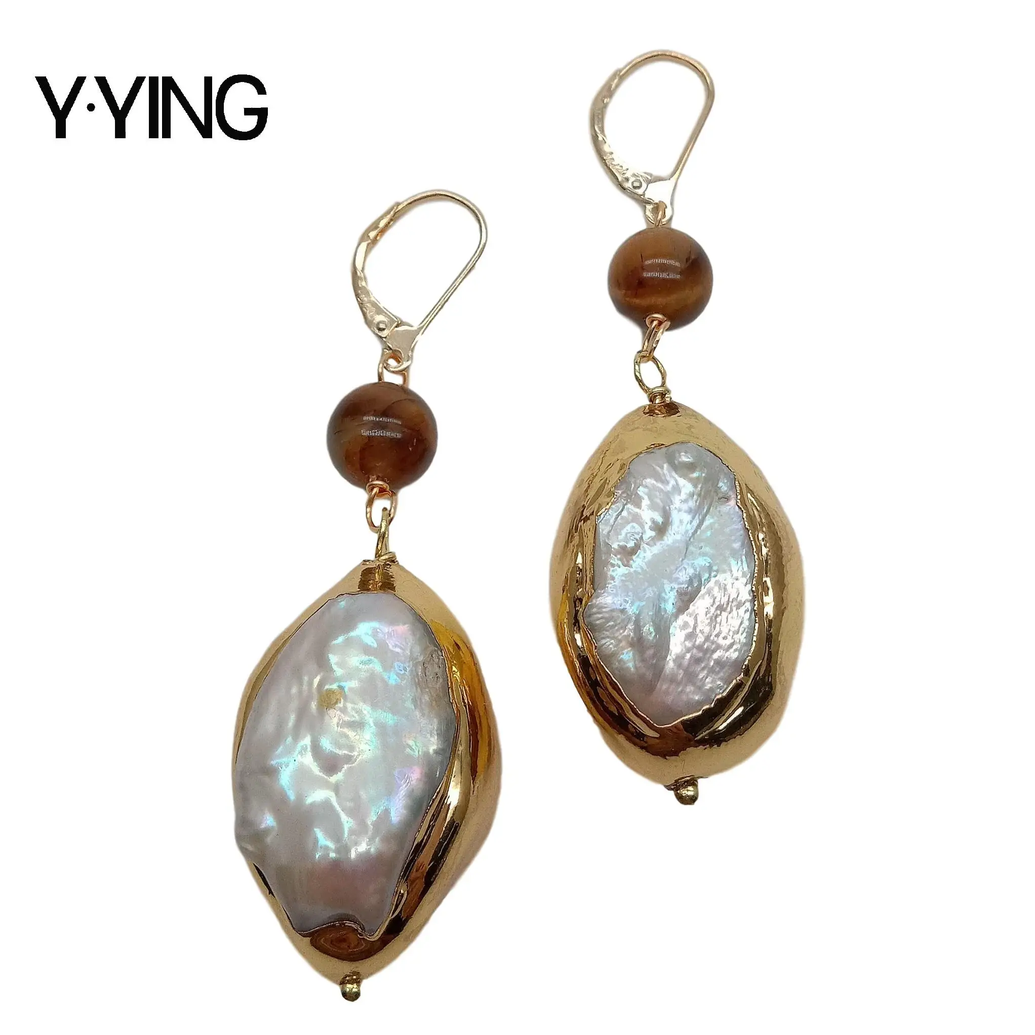 

Y·YING natural White Keshi Pearl Gold color Plated Yellow Tiger Eye dangle Leverback Earrings office style for women