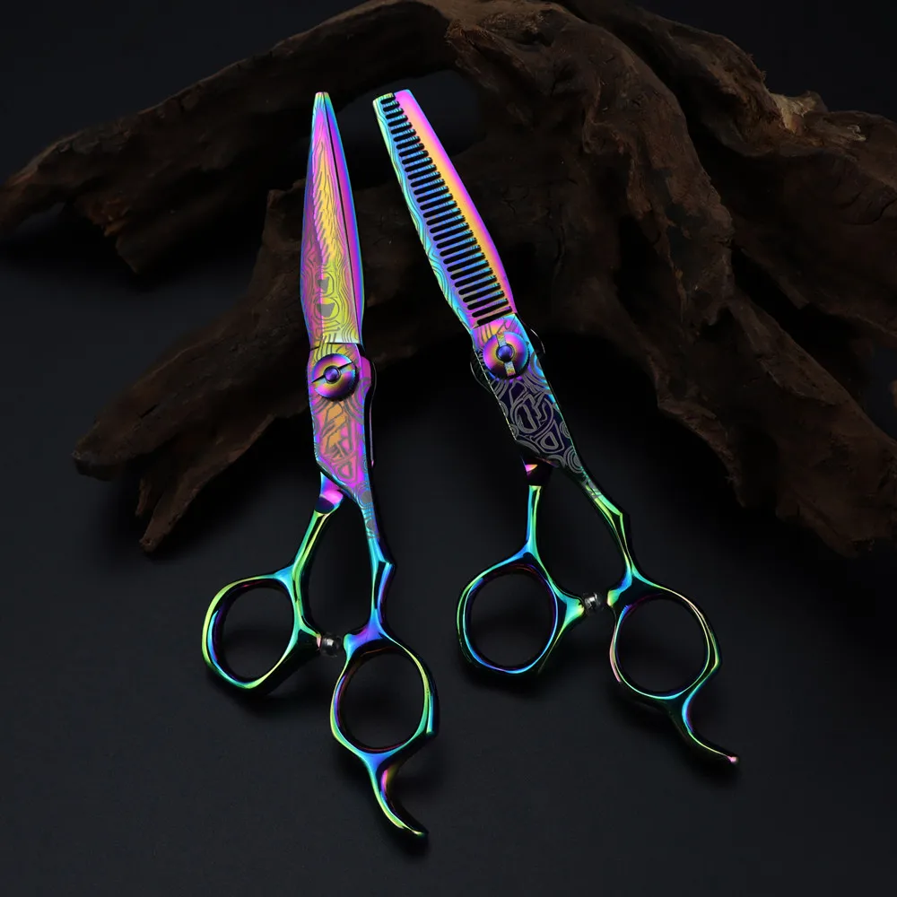 

Professional 6 '' Upscale scissor Rainbow Damascus hair scissors haircut thinning barber cutting shears Hairdressing scissors