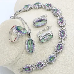 Silver 925 Jewelry Set Bridal For Women Rainbow Topaz Wedding Bracelet Necklace Rings Birthday Gift