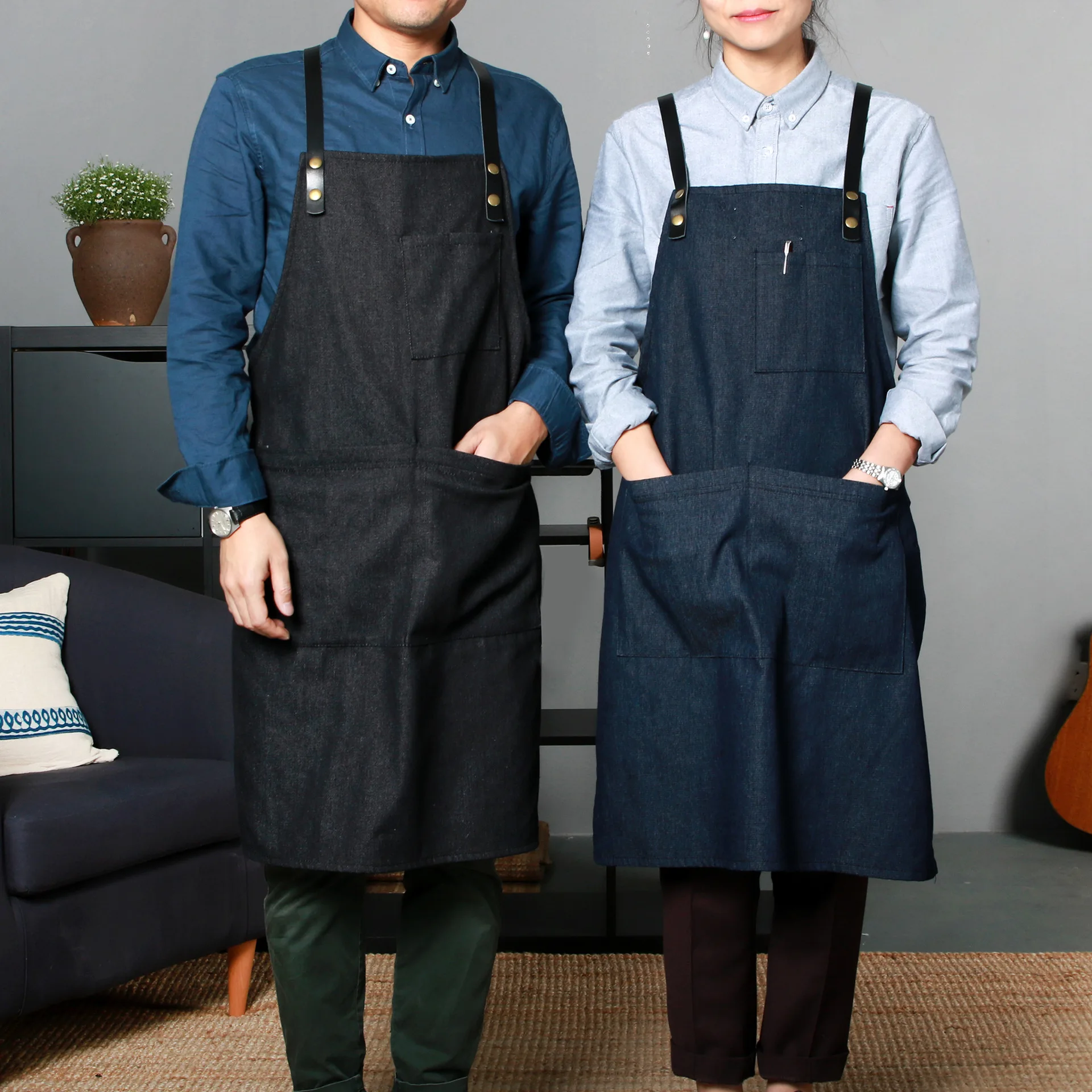 

Denim Strap Apron Barista Barber Restaurant Waiter Florist Work Clothes Art Men and Women