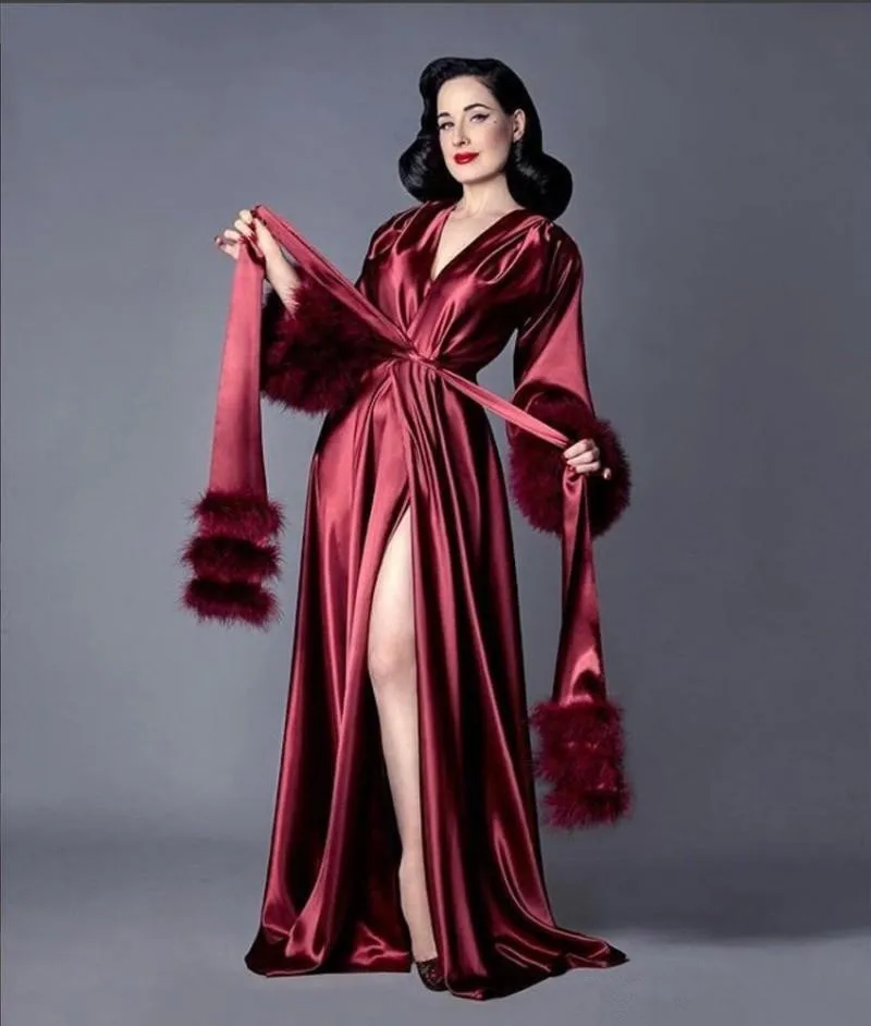 2021 Silk Night Robe Long Sleeves Fur Party Celebrity Dress Sleepwear Nightgowns Robes Bridal Party Wear