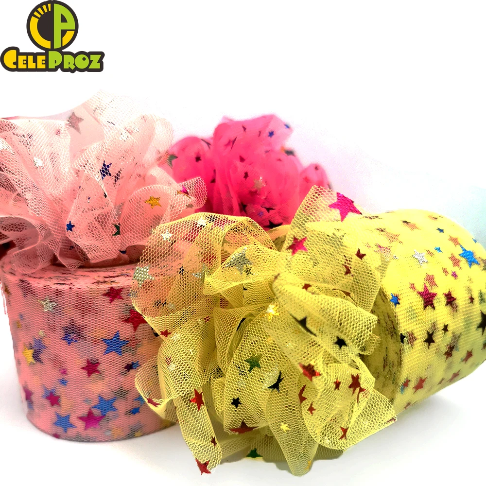 6cm 25y Tulle Ribbon Rainbow Color Star Gauze Mesh Tape Net Organza DIY Hairbow Clip Cake Topper Headwear Doll Dress Skirt Lace