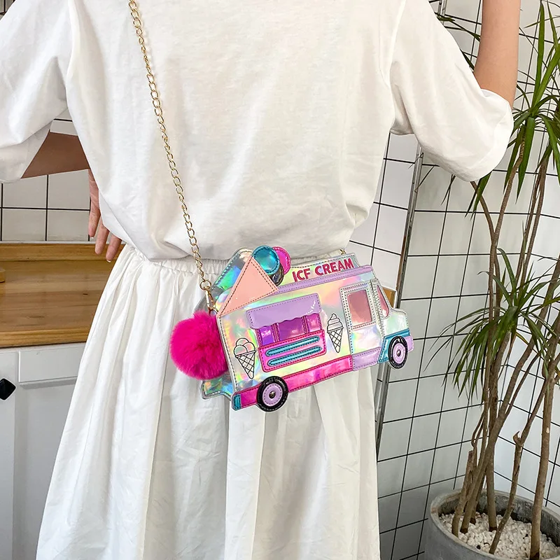 Ice Cream Car Shape Handbag for Women Personality Dazzling Laser Shoulder Bag Female Funny Messenger Bag Crossbody Chain Purse