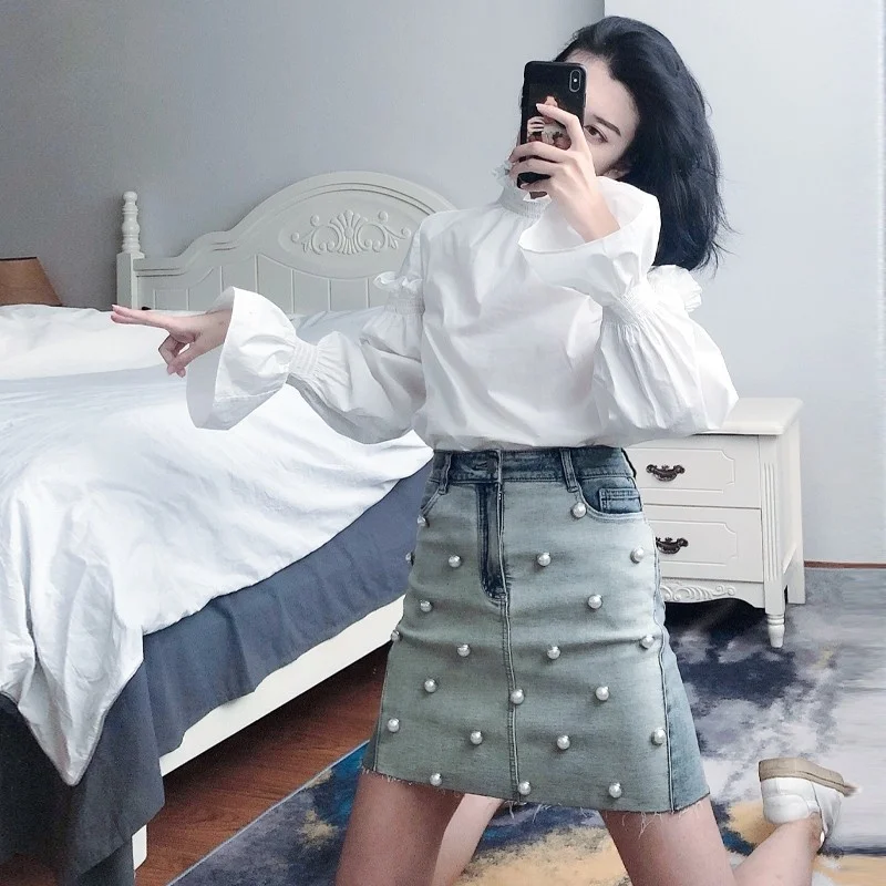 

Pearls Women Denim Skirt Colors Mixed Patchwork Jeans Skirts High Quality Ladies Slim Fit High Waist A Line Casual Mini Skirt