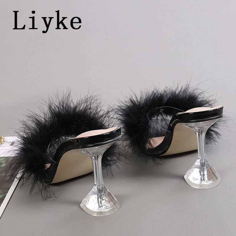 Liyke 9CM Transparent High Heels Fur Slippers Women Feather Sandals Peep Toe Mules Lady Pumps Slides Party Shoes Pink