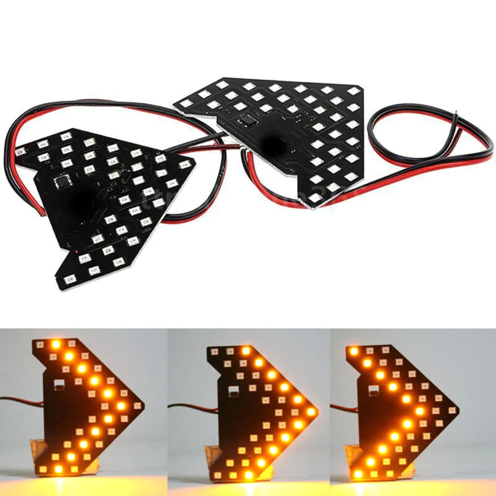 

2Pcs Amber Yellow 12V DC 33SMD Sequential LED Hidden Arrows Panel Car Side Mirror Turn Signal Light Car Accessories 70mm x 58mm