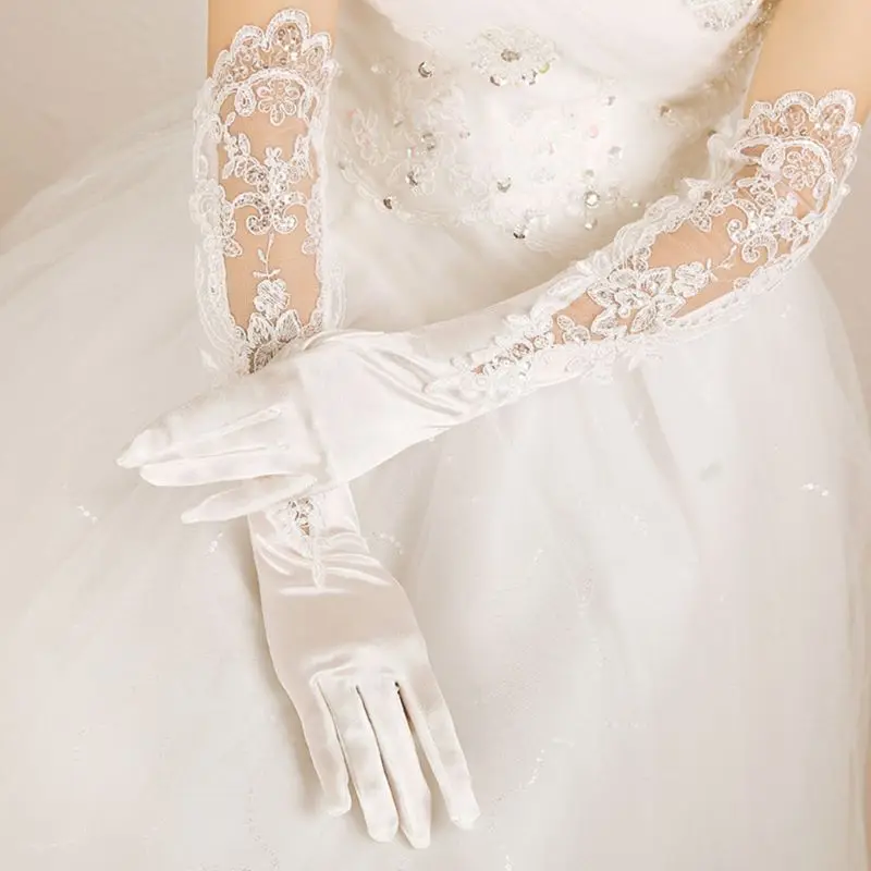 Wedding Bridal Banquet Long Gloves Hollow Embroidery Sequins Floral Lace Applique Elbow Length Full Finger Satin Mittens