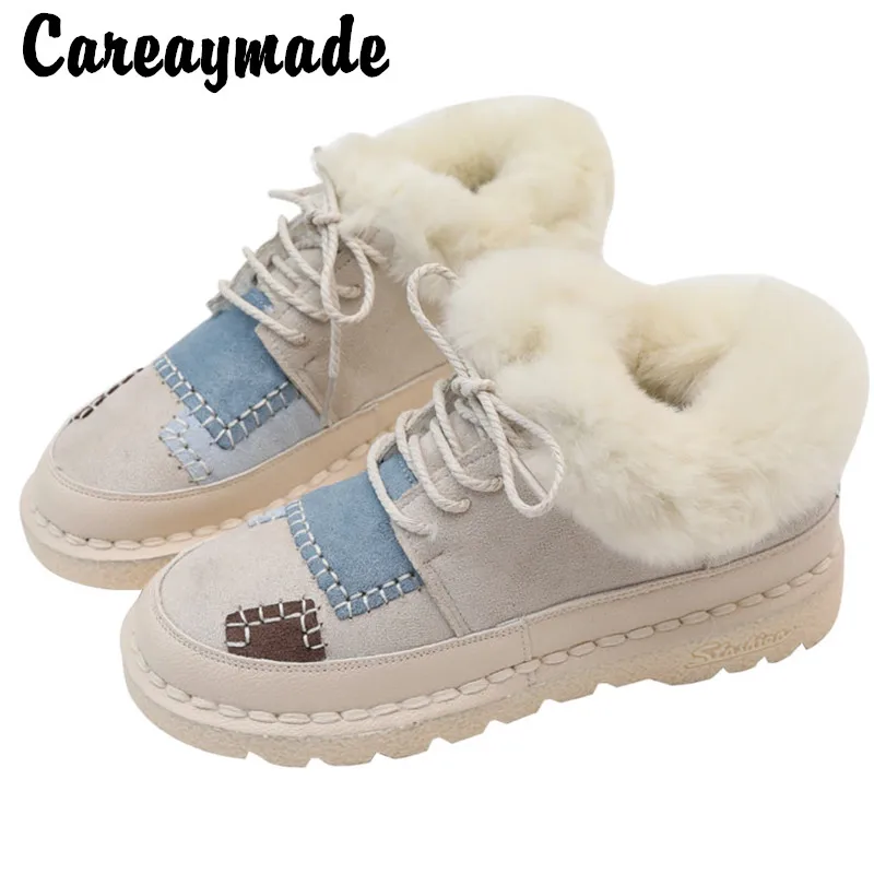 Careaymade-New winter lace up women's shoes art RETRO color matching plush rabbit fur shoes flat casual hand-made cotton shoes