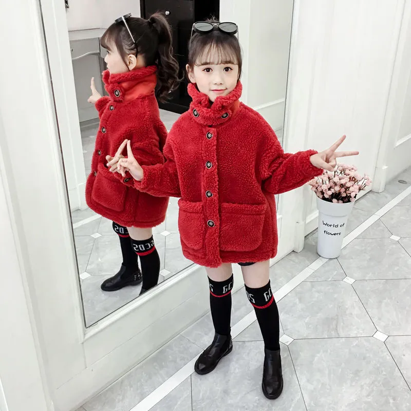 

Girls Baby's Coat Jacket Outwear 2021 Beautiful Fur Thicken Winter Plus Velvet Warm Fleece Sport Cotton Outfits Children's Cloth