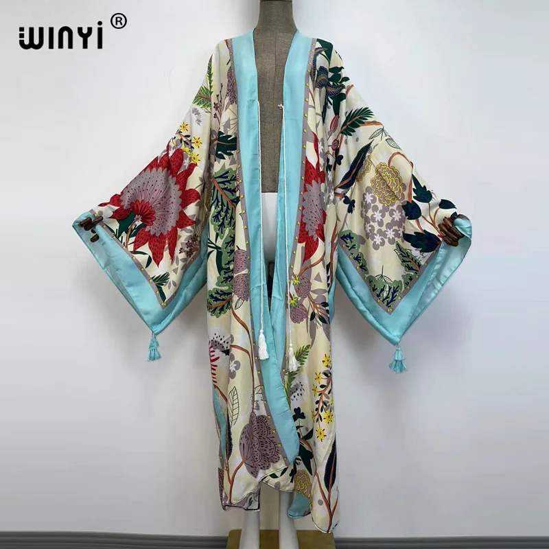 Sukienka Autumn 2021 WINYI Women Cardigan Loose Long Dress Cocktail Party Boho Maxi African Holiday Batwing Sleeve kimono Robe