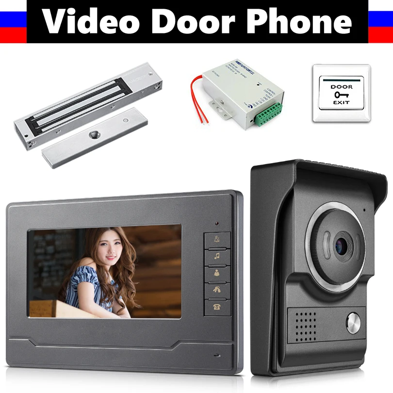 7 Inch Video Deur Telefoonsysteem Video Intercom Deurbel Deurtelefoon Kit 1 Lcd Monitor + 1 Ir Camera + Lock + Power Contor + Exit