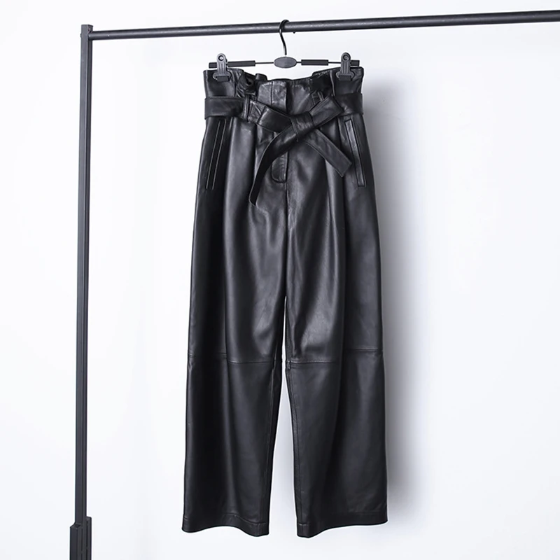 Stylish Genuine Leather Pants Women Sheepskin Bow Tie Lace High Waist Trousers Mujer Khaki/Green Straight Wide Leg Pantalon