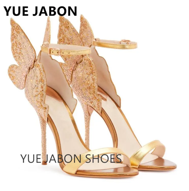 

Orange Sexy butterfly summer shoes leather metallic embroidered angel wing dress woman pumps buckle strap lady High Heel Sandals