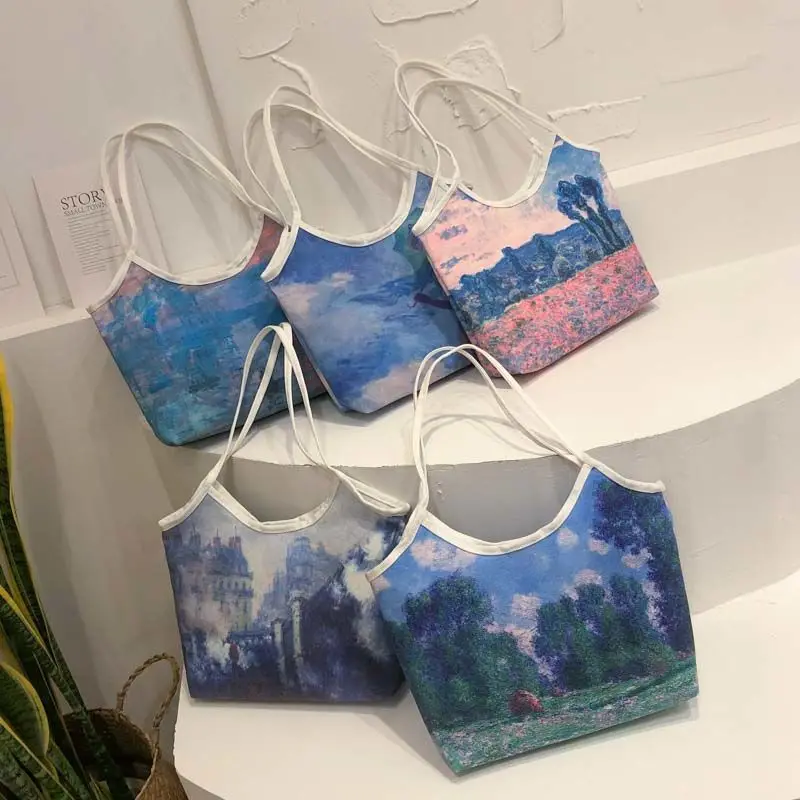 Hand-painted Oil Paintings Canvas Bags Handbag Women Shoulder Bag Canvas Summer Beach Bag Daily Use Female Shopping Bag Lady