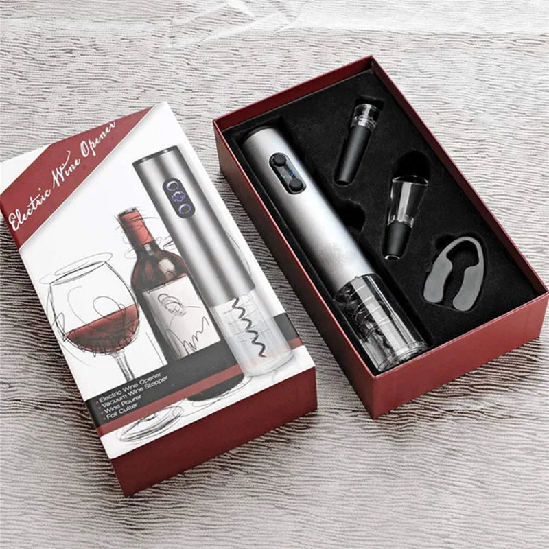 Juego de abridor de botellas de vino eléctrico, sacacorchos automático con vertedor de tapón y cortador de papel de aluminio, accesorios de vino tinto, caja de regalo