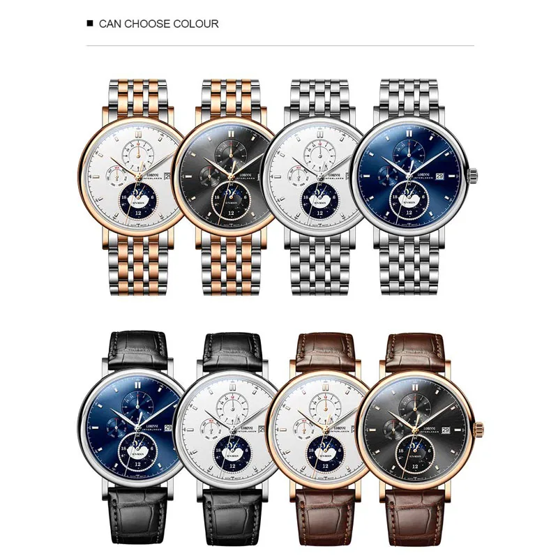 LOBINNI مصمم الرجال الساعات الميكانيكية التلقائية القمر المرحلة تاريخ الأسبوع الرجال ساعة اليد للماء الياقوت الزجاج الساعات