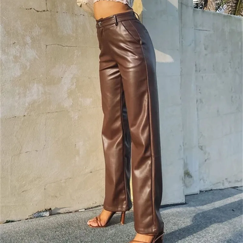 Women's PU Pants High Waist Loose Style Trousers With Pockets Solid Color Straight-leg Pants Brown Black Streetwear Autumn