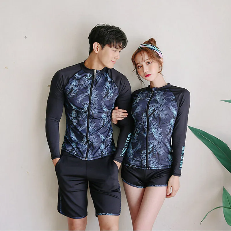 Men\'s 2pcs /Women\'s 3pcs Set Zip Front Long Sleeve Top and Bottoms, Rashguards Swimsuit, Swim Sun Shirt, Trunks Matching Couples