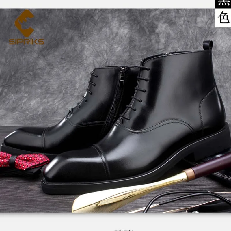 Sipriks Mens Ankle Boots Genuine Leather Cap Toe Zip Boot Retro Gentleman Footwear Shoes Elegant Black Wedding Shoes Grooms 44