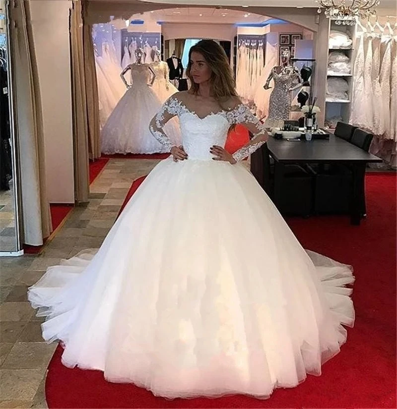 

Charming Appliques Ball Gown Wedding Dresses 2021 Dubai Kaftan Robe De Mariee Sweetheart Wedding Gowns Bridal Dress Long Sleeves