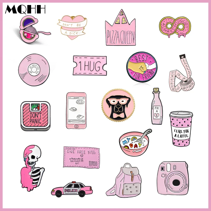 Pink Cartoon Enamel Brooch Animal Dog Bag Wishing Bottle Cell Phone Weight Scale Badge Crown Round Heart Shape Pin Jewelry Gift