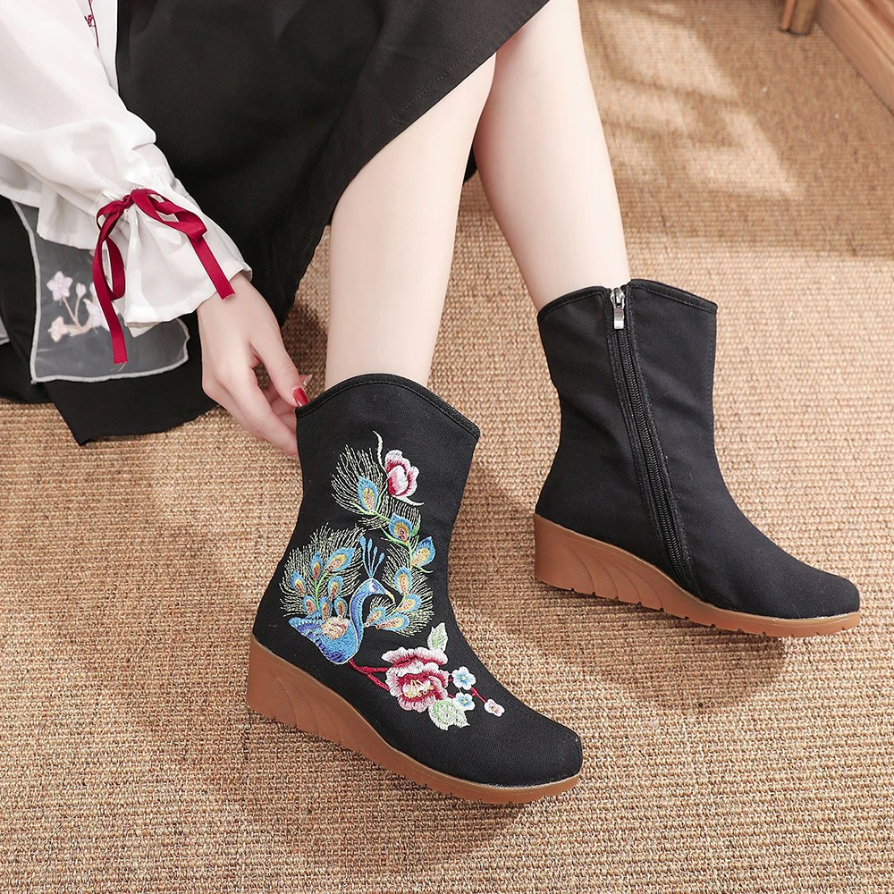 Veowalk Peacock Embroidered Women Comfort Canvas Short Boots Wedge Platforms Chinese Style Embroidery Winter Autumn Shoes