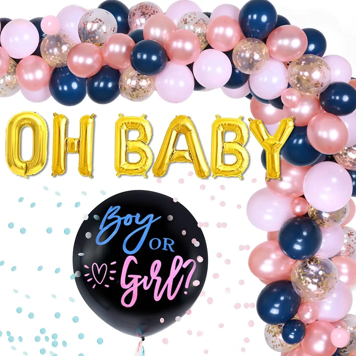 

Navy Blue and Rose Gold Gender Reveal Party Supplies Balloon Garland Arch Kit with Oh Baby Balloon Banner Pink Blue for Boy Girl