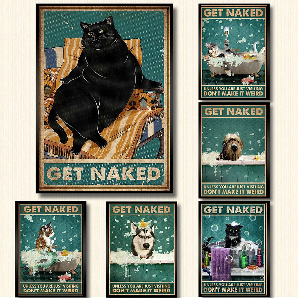 Mental Black Cat Posters Bathroom Decoration Prints Get Naked Retro Funny Dog Wolf Shower Canvas Painting Wall Art Home Decor