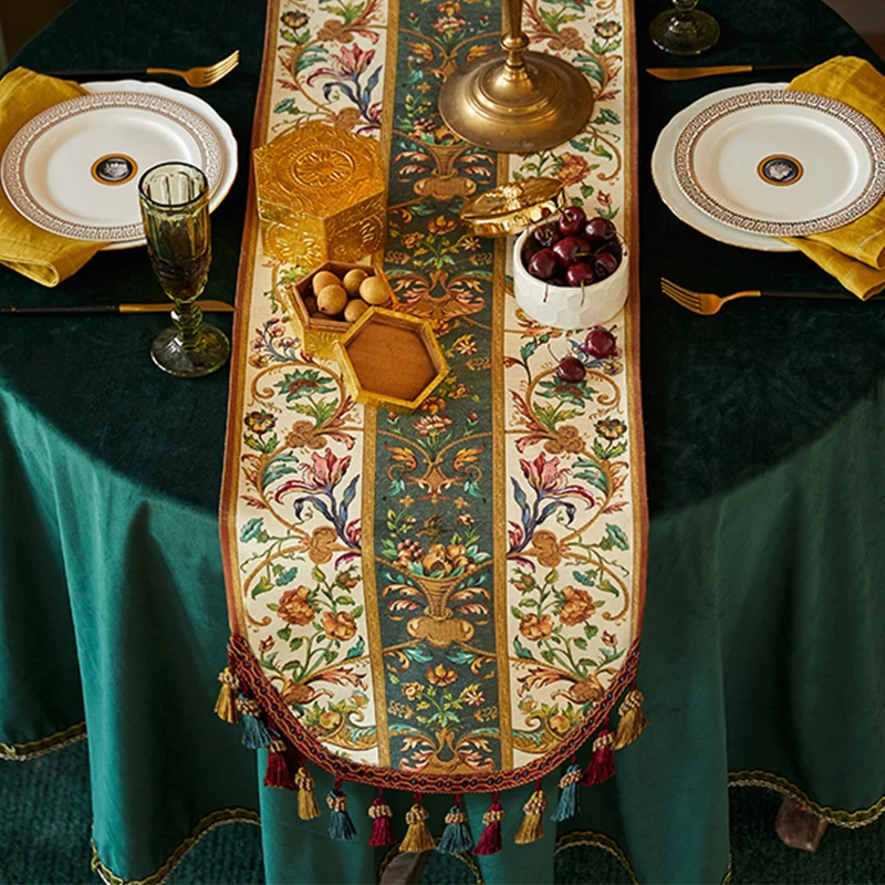 Retro Printed Table Runner Linen Light Luxury American Coffee Table Cover Cloth Exquisite Tassel TV Cabinet Dining Table Runner