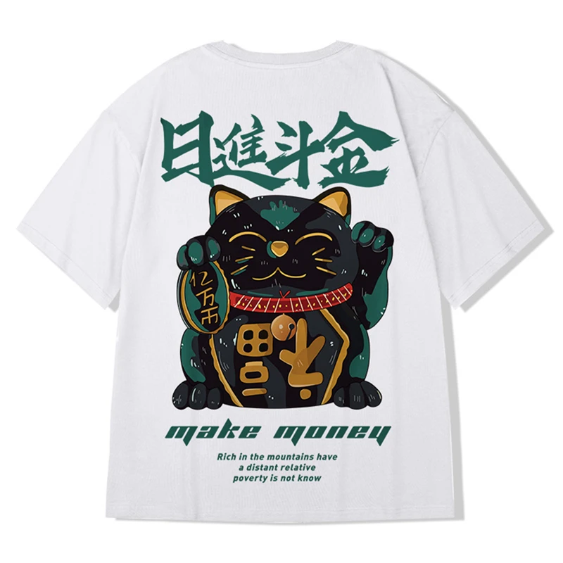 Lyprerazy Chinese Style Lucky Cat Print Men's Tshirt Summer Unisex Half Sleeve Cotton Tees Tops Streetwear Oversize T-shirt