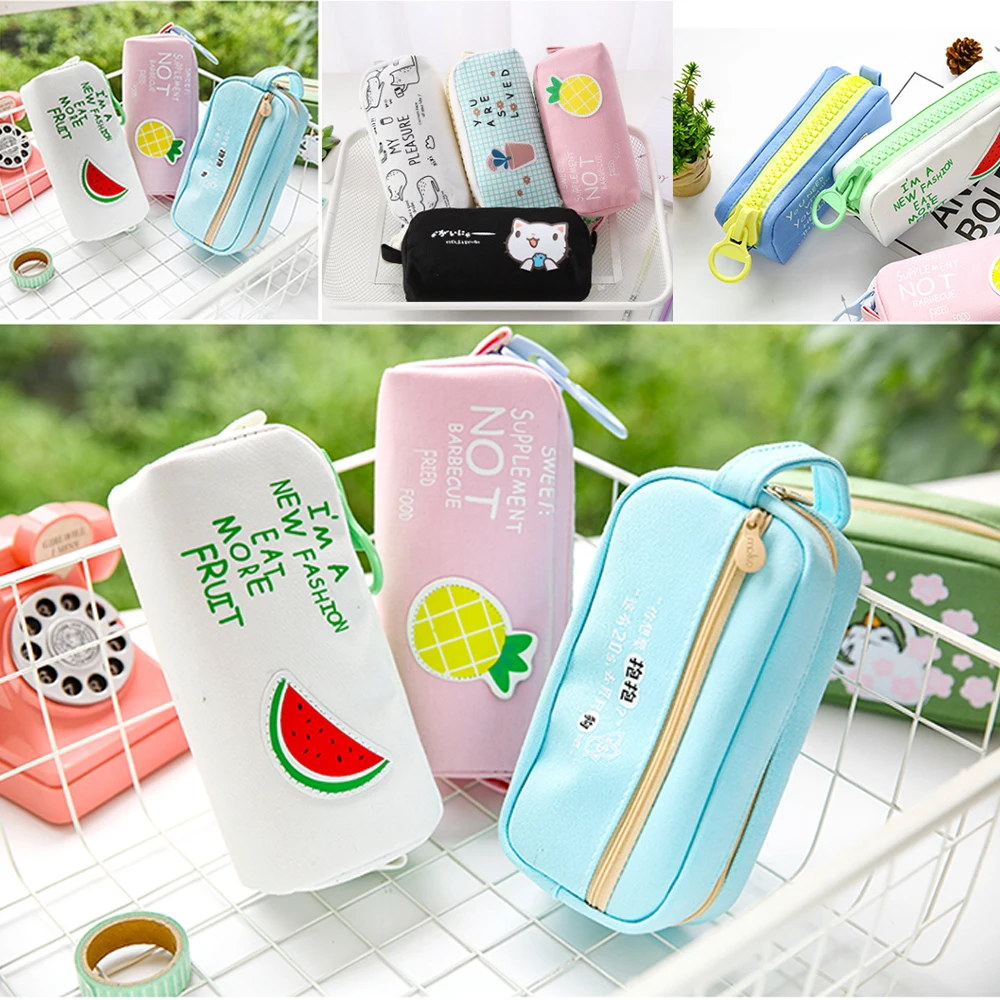 Vendita calda grande cerniera sacchetto di matita di frutta limone ananas tela scuola astuccio per matite cartoleria organizzatore borse di stoccaggio per penne ufficio