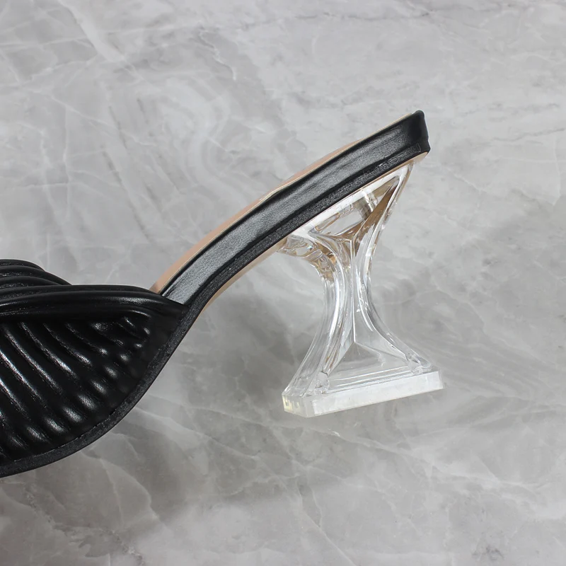 Women's Slippers Fashion High-Heeled 2024 Summer New Soft Surface PU Pleated Comfortable Sandals Outside Women's Shoes 7.5CM