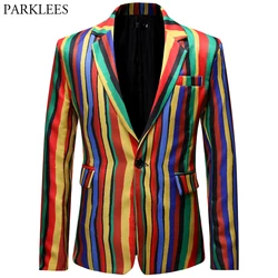 Colourful Rainbow Men Blazer Fashion Graffiti Blazers Mens Vertical Stripe Casual Slim Fit Men Suit Jacket Stage Costumes Homme