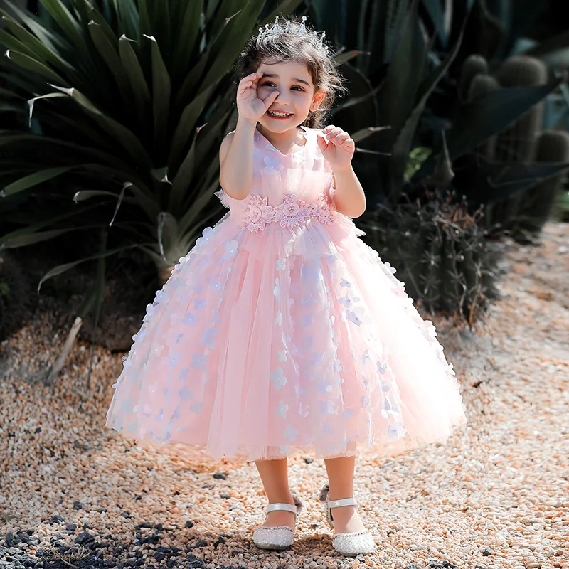 White Pink Baby Lush DressToddler Girl Flowers Baptism Dress For 1 Years Birthday Party Wedding Princess Dress Kids Clothes