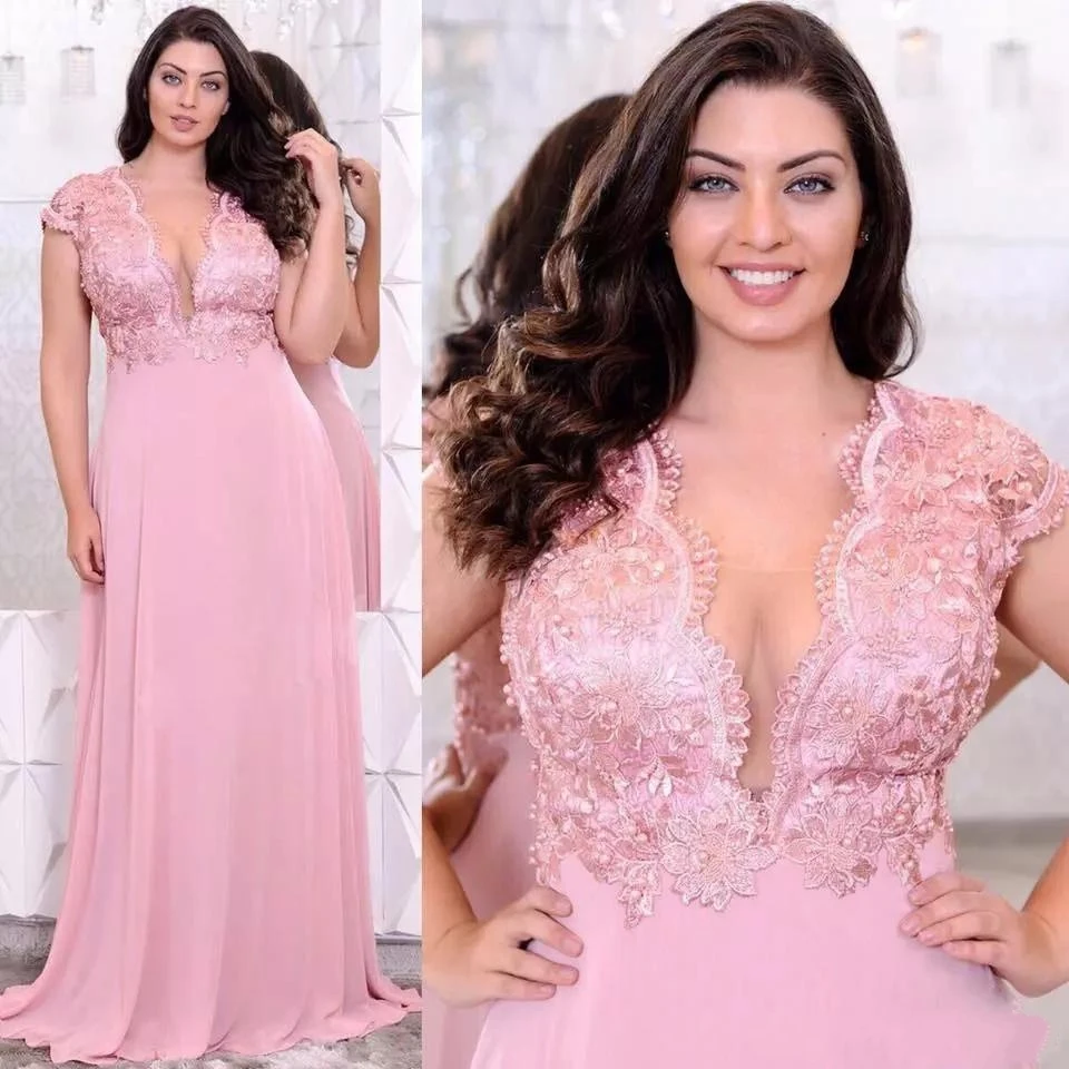 Vestidos de baile, Mergulhando V Neck, Uma Linha, Frisado, Rosa, Vestidos de noite formais, Delicado, Plus Size