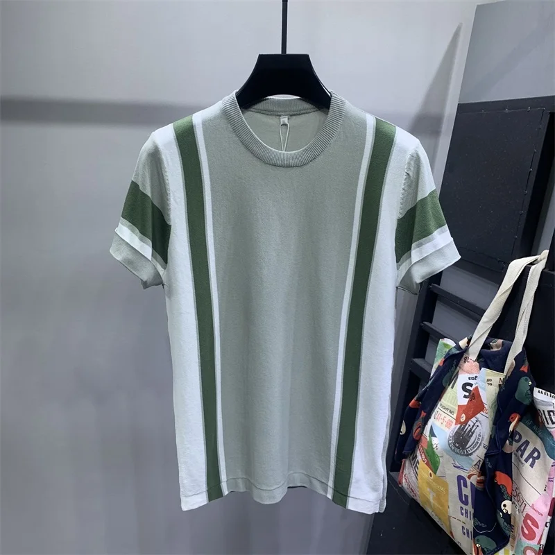 Summer 2022 Men Contrast Colors Knitted T-Shirts Fashion Short Sleeve O-Neck Slim Fit Pullover Casual Tees Homme Plus Size B214