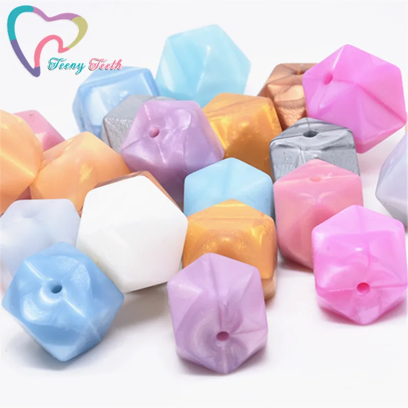 10 PCS Metallic Colors 14-17 MM Hexagon Silicone Loose Beads DIY Teething Pacifier Chain BPA Free Perle Geometrical Loose Beads