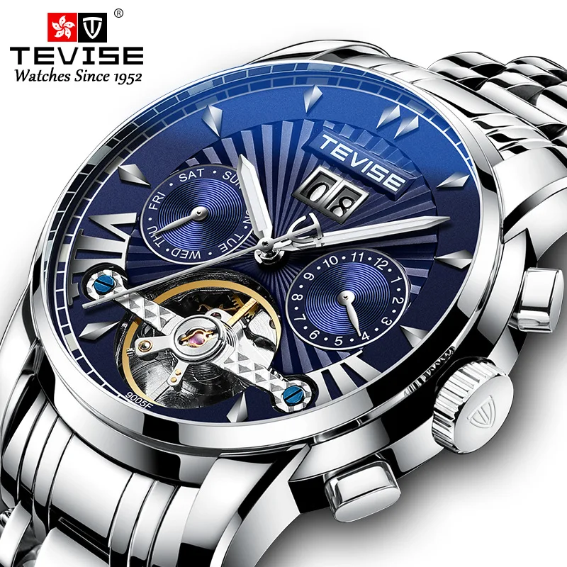 TEVISE T9005F Tourbillon Automatic Self-Wind Mechanical Watches Men Calendar Week Automatic Clock Male Luminous Hands Business