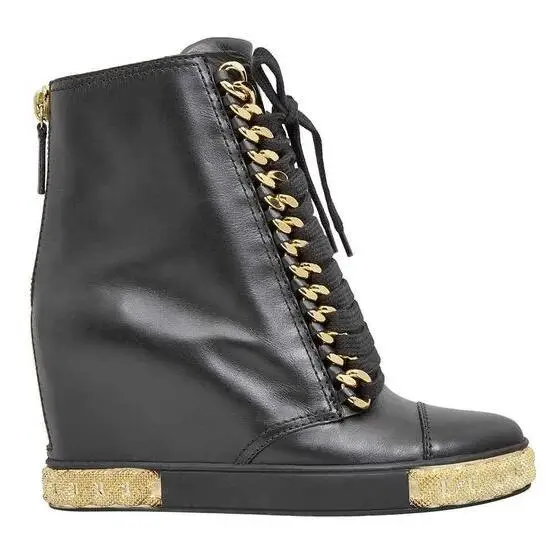 

New Arrival Woman Fashion Black 80 mm Wedge Boots Girls Sliver Gold-Tone Chains Round Toe Casual Ankle Boots Shoes