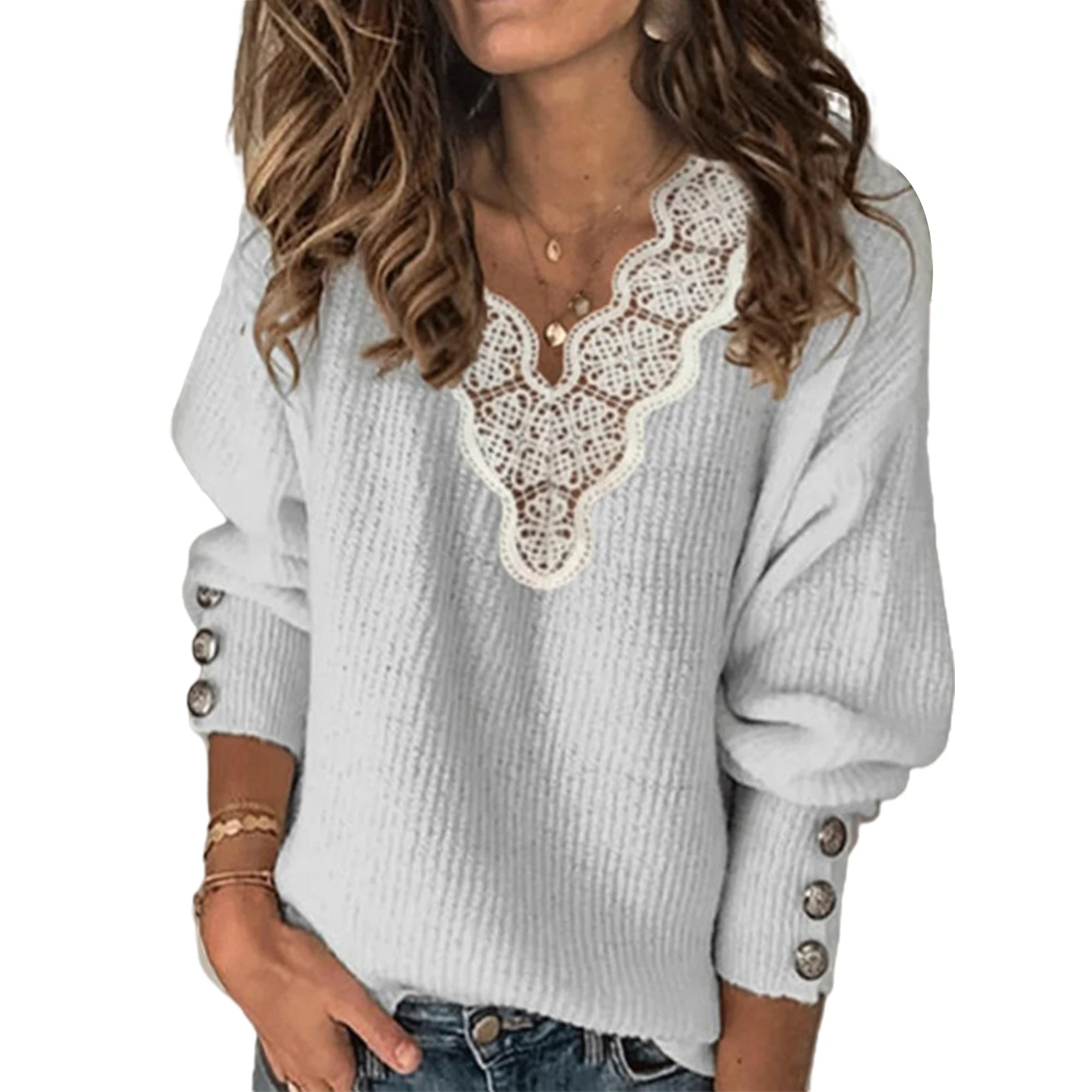 2021 Women Thin Sweaters Autumn Winter Long Sleeve Lace Patchwork V Neck Buttons Sweater Polyester Women\'s Clothing White S-3XL