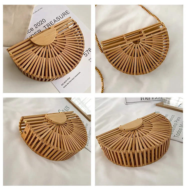 Fashion Half Moon Bamboo Shoulder Crossbody Bags for Women Hollow Woven Summer Beach Straw Bag Rattan Small Phone Purses 2024