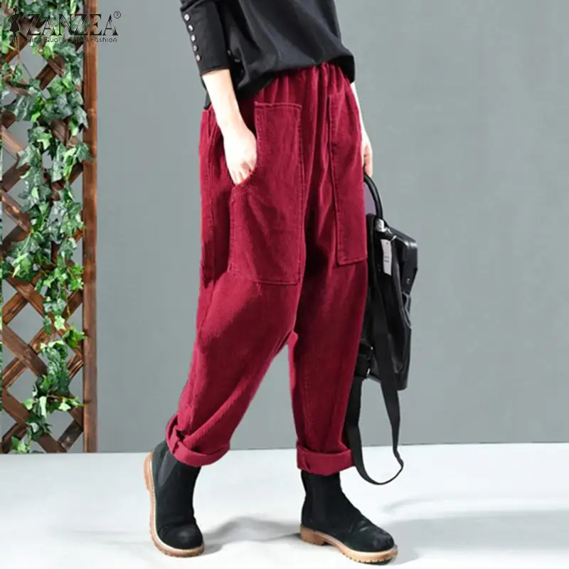 Women Corduroy Pants Autumn Elastic Waist Solid Long Trousers ZANZEA Vintage Corduroy Harem Pants Loose Turnip Pantalon Casual