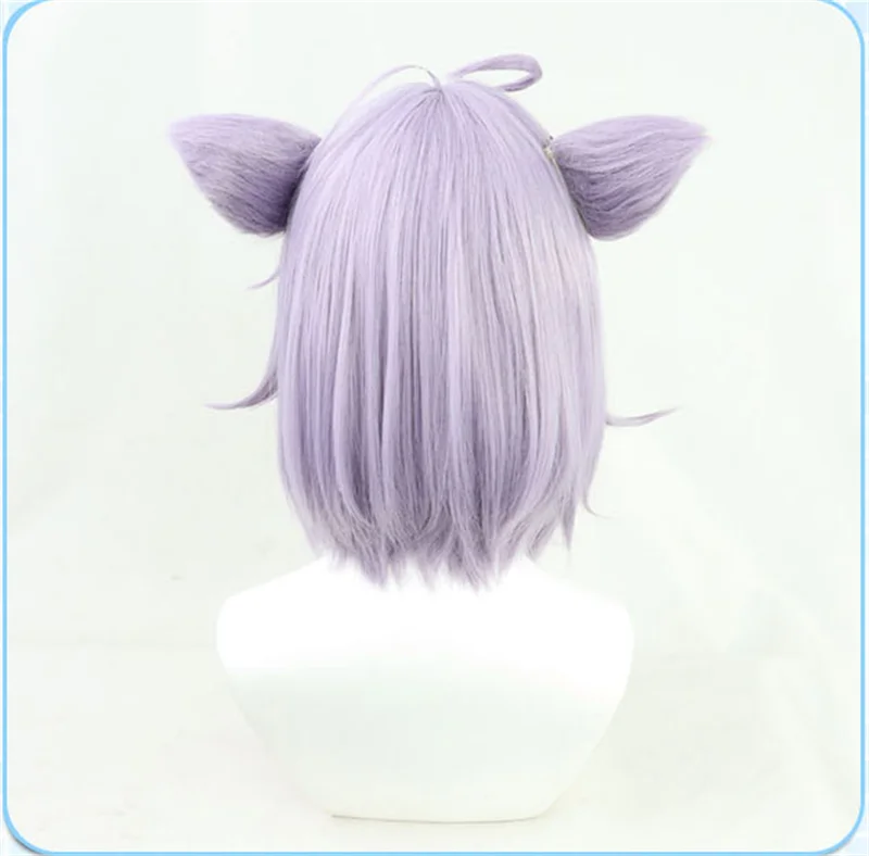 Perruque de Cosplay synthétique courte et lisse VTuber Nekomata Okayu, perruque avec oreilles Hololive gamer Lilac pour filles, cheveux Holo sans Graffiti